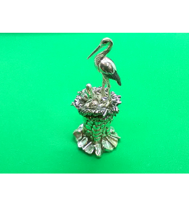 Zilver miniatuur Ooievaar met jongen op nest 70 mm - 35832