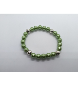 Zilver armband elastiek met groene imt. parels en 3 zil. bollen 8 mm 17 cm - 41617