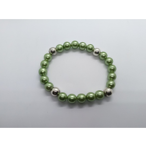 Zilver armband elastiek met groene imt. parels en 3 zil. bollen 8 mm 17 cm - 41617