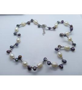 Zilver collier met zw parels wit-zwart 45-50 cm - 3078267