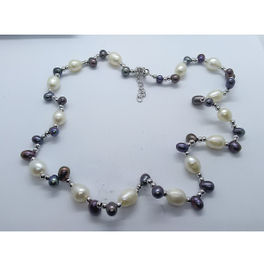 Zilver collier met zw parels wit-zwart 45-50 cm - 3078267