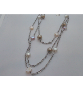 Zilver collier met zw parels wit/r/br - 3090531