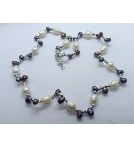 Zilver collier met zw parels wit-zwart 45-50 cm - 3078268