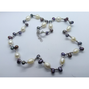 Zilver collier met zw parels wit-zwart 45-50 cm - 3078268
