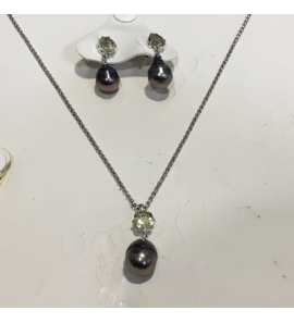 Zilver set  hanger+ collier en oorknop met thahitti parels en lemon quarts. - 3130644