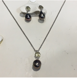 Zilver set  hanger+ collier en oorknop met thahitti parels en lemon quarts. - 3130644