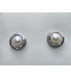 Wit goud oorknop met zw parel en 2x 0.005 diam. - 3191587