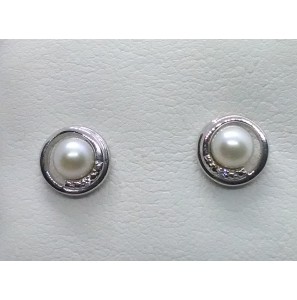 Wit goud oorknop met zw parel en 2x 0.005 diam. - 3191587