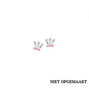Zilveren oorknop kind RH kroontje roze emaille en zirconia - 3160494