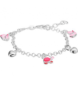 Zilveren jasseron armband RH met 5 bedels 2 x zilv. hart en 3 roze diertje emaille 13+2 cm - 3160581