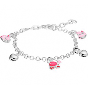 Zilveren jasseron armband RH met 5 bedels 2 x zilv. hart en 3 roze diertje emaille 13+2 cm - 3160581