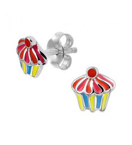 Zilveren kinderoorknop cupcake gekleurd met emaille - 3162466