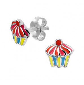 Zilveren kinderoorknop cupcake gekleurd met emaille - 3162466