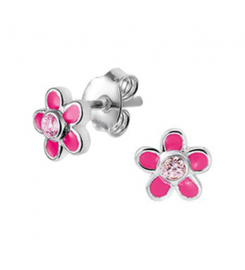 Zilveren oorknop kind met roze bloemetje emaille/zirconia - 3170691