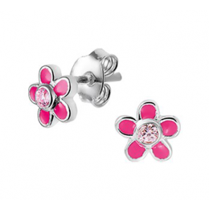 Zilveren oorknop kind met roze bloemetje emaille/zirconia - 3170691