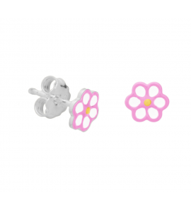 Zilveren oorknop kind bloem roze/wit email - 3171988