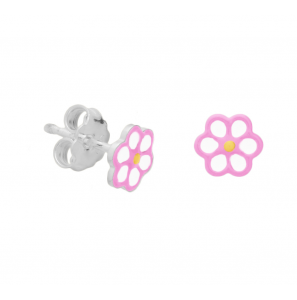 Zilveren oorknop kind bloem roze/wit email - 3171988