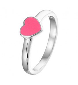 Zilver kinderring RH met roze hart emaille mt. 14½ - 3181586