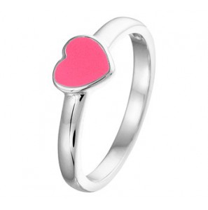 Zilver kinderring RH met roze hart emaille mt. 14½ - 3181586