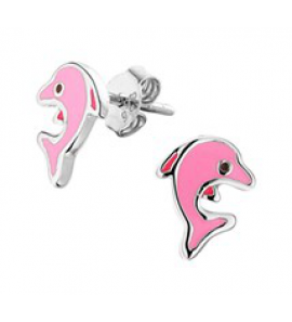 Zilver oorknop kind RH dolfijn/roze emaille - 3181720