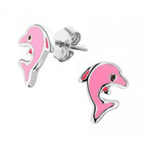 Zilver oorknop kind RH dolfijn/roze emaille - 3181720