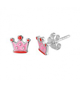 Zilveren oorknop kind RH kroontje/roze emaille - 3181722