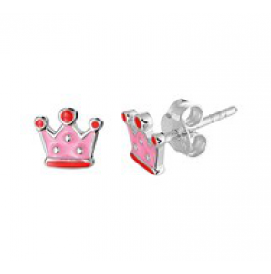 Zilveren oorknop kind RH kroontje/roze emaille - 3181722