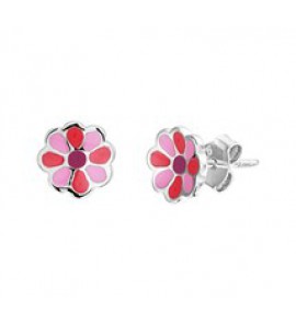 Zilveren oorknop kind RH bloem/roze emaille - 3181723