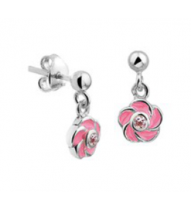 Zilveren oorhanger kind RH met bloem/roze emaille en zirconia - 3181727