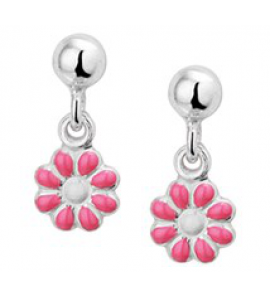 Zilveren oorhanger kind RH met bloem/roze emaille - 3181728