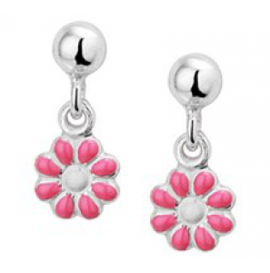 Zilveren oorhanger kind RH met bloem/roze emaille - 3181728