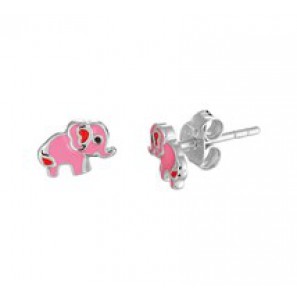 Zilveren oorknop kind RH met olifant/roze emaille - 3181758