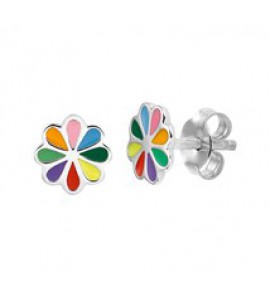 Zilveren oorknop kind RH met bloem/multicolor emaille - 3181762