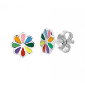 Zilveren oorknop kind RH met bloem/multicolor emaille - 3181762