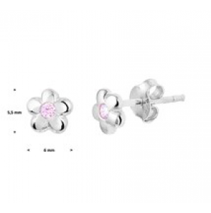 Zilver oorknop Rh bloem met roze zirkonia - 3182456