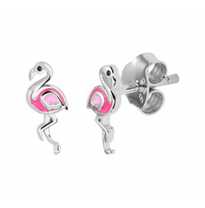 Zilver RH oorknop flamingo met roze email - 3190348