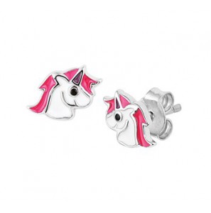 Zilver oorkbop RH  eenhoorn met email wit/rose/zwart - 3191258