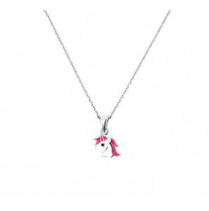 Zilver RH collier met hanger eenhoorn email wit/roze/zwart 36-40 cm - 3191266