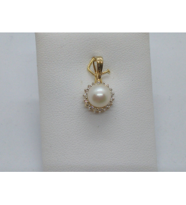 Goud hanger met cultivé parel 7 mm en 18x diamant 8/8 0.12 crt. (schanier) - 3192590