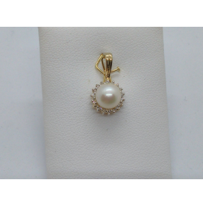 Goud hanger met cultivé parel 7 mm en 18x diamant 8/8 0.12 crt. (schanier) - 3192590