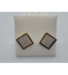 Goud oorknop bi-colour vierkant-gebogen met zirkonia&#39;s 11 x 11 mm - 3192591