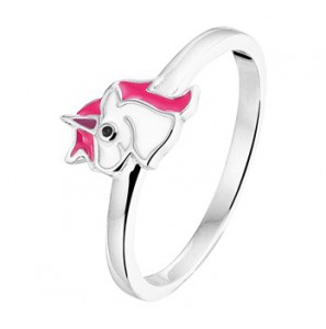 Zilver RH kinderring eenhoorn email wit/roze/zwart mt. 15 - 3200356