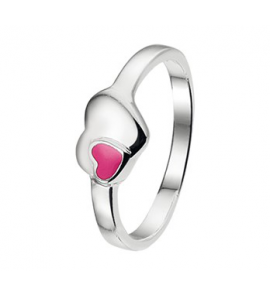 Zilver RH kinderring hart met hartje roze emaille mt. 14 - 3202034