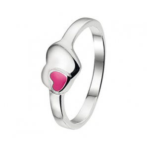 Zilver RH kinderring hart met hartje roze emaille mt. 14 - 3202034