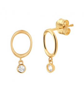 Goud oorknop open rondje met hanger zirkonia - 3201049