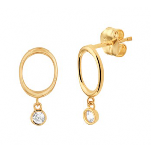 Goud oorknop open rondje met hanger zirkonia - 3201049
