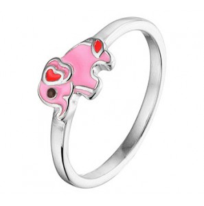Zilver RH kinderring olifant met roze emaille mt. 14 - 3202039