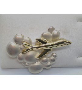 Zilver broche wolken met vliegtuig verguld - 51596