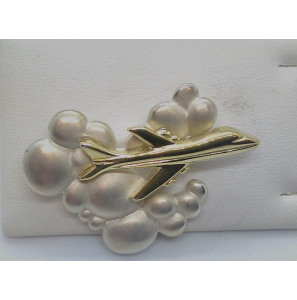 Zilver broche wolken met vliegtuig verguld - 51596