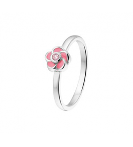 Zilver RH kinderring bloem met roze zirkonia en emaille mt. 14 - 3202038